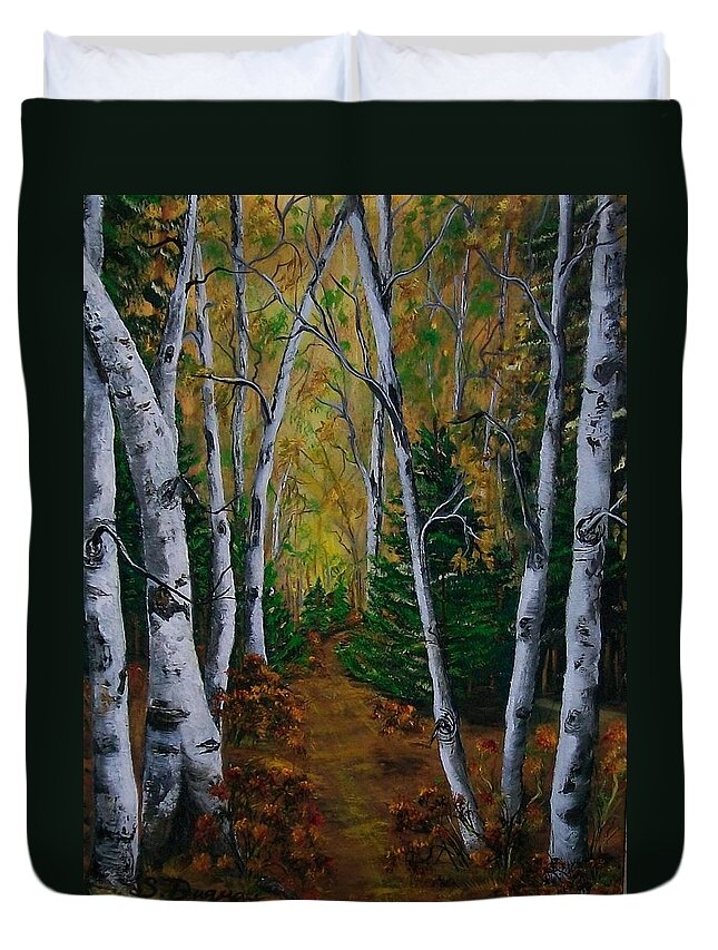 Season Duvet Cover featuring the painting Birch Tree Forest Trail by Sharon Duguay