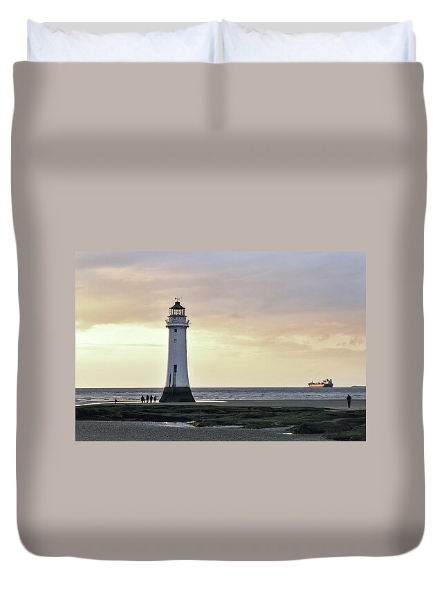 Lighthouse Duvet Cover featuring the photograph Fort Perch Lighthouse and ship by Spikey Mouse Photography