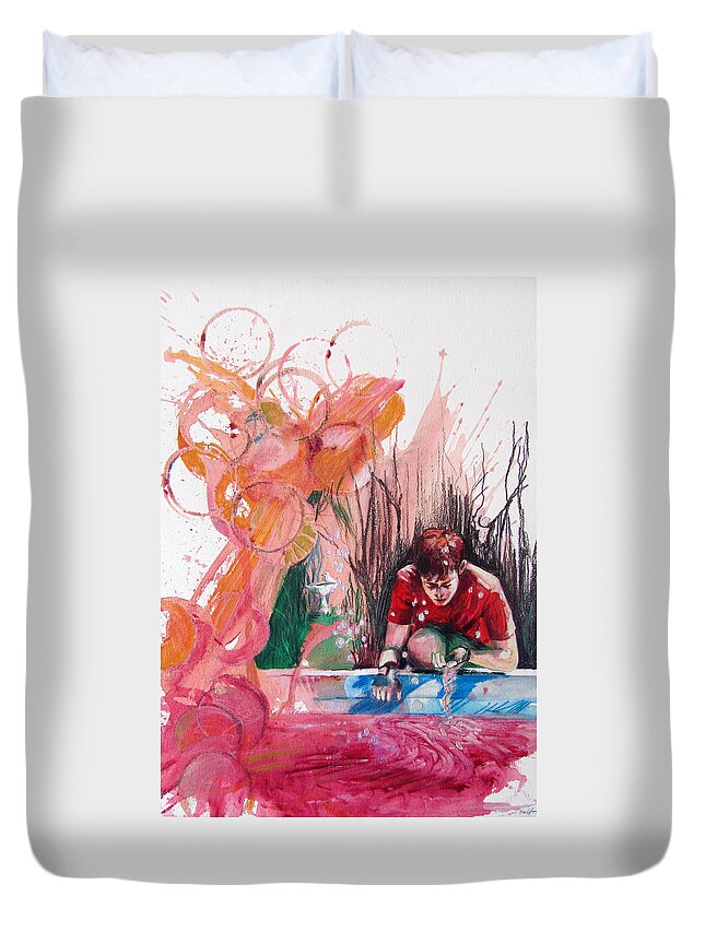 Water Duvet Cover featuring the painting Fountain Full of Blood by Rene Capone