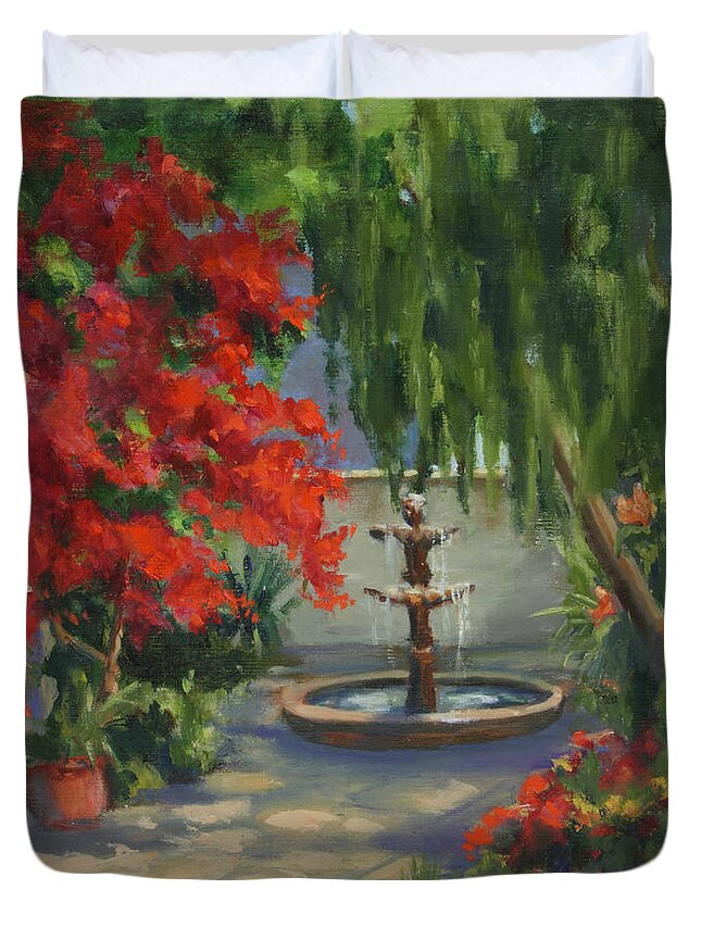 Fountain Duvet Cover featuring the painting Relaxing in the Courtyard by Maria Hunt