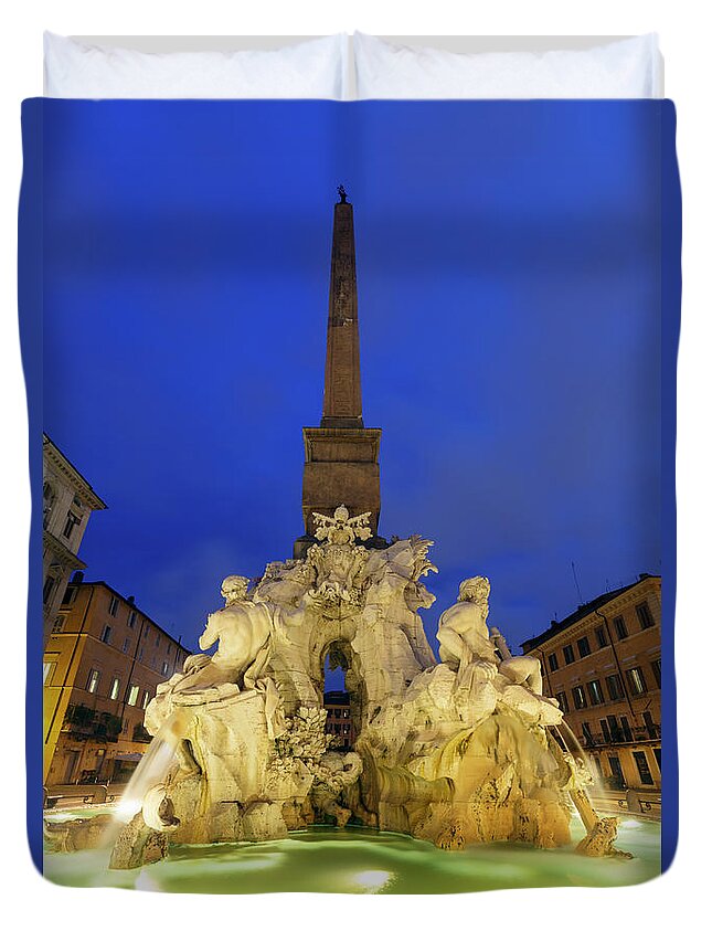 Statue Duvet Cover featuring the photograph Fountain Of The Four Rivers On The by Guy Vanderelst