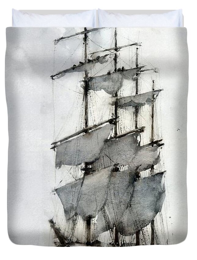 Henry Scott Tuke. Four Masted Barque Duvet Cover featuring the painting Four Masted Barque by Henry Scott Tuke