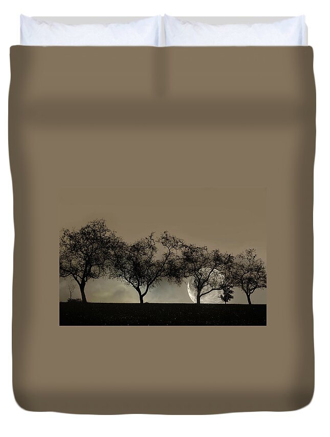 Trees Duvet Cover featuring the photograph Four Trees and a Moon by Ann Bridges