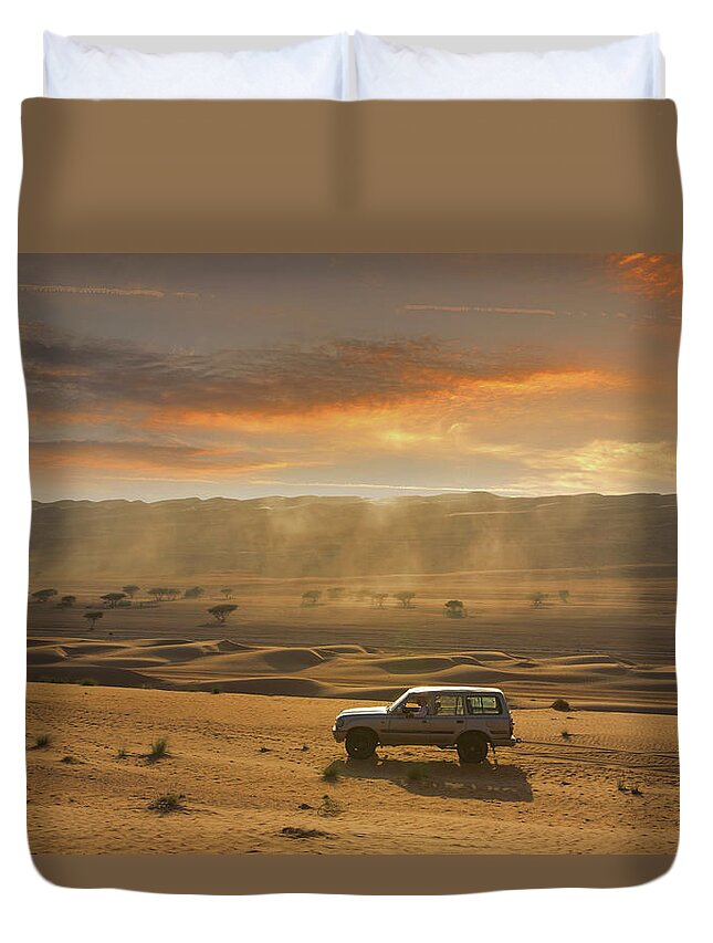 Dust Duvet Cover featuring the photograph Four Wheel Driving In A Desert by Buena Vista Images