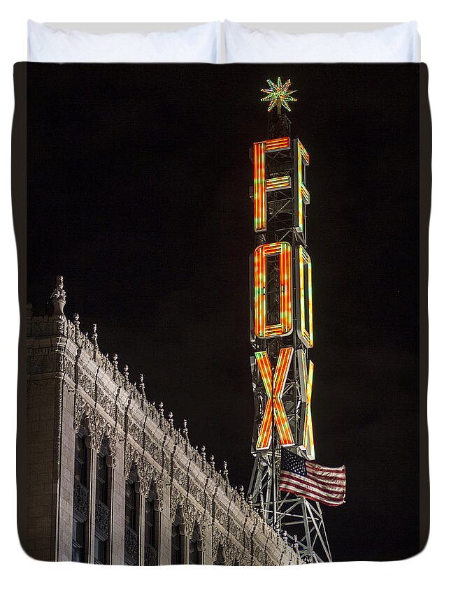 Detroit Duvet Cover featuring the photograph Fox Theater Sign by John McGraw
