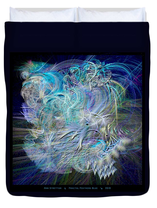 Blue Duvet Cover featuring the digital art Fractal Feathers Blue by Ann Stretton