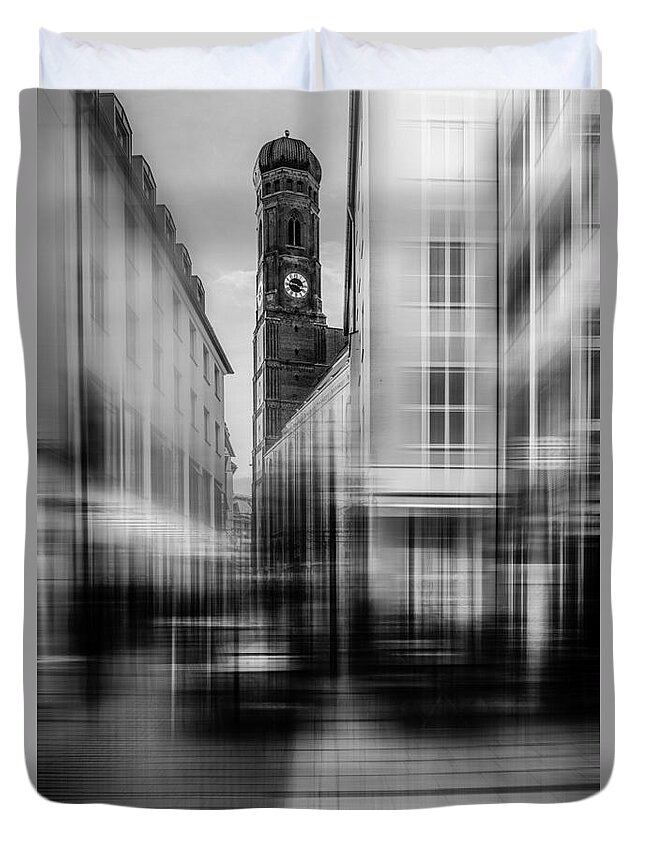 People Duvet Cover featuring the photograph Frauenkirche - Muenchen V - bw by Hannes Cmarits