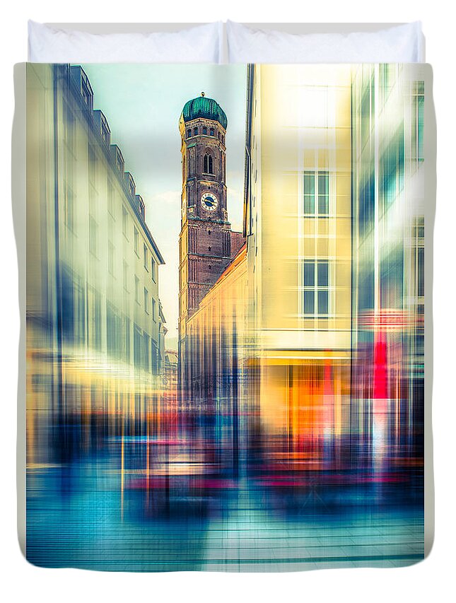 People Duvet Cover featuring the photograph Frauenkirche - Munich V - vintage by Hannes Cmarits