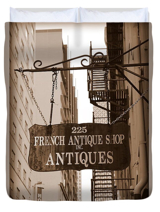 New Orleans Duvet Cover featuring the photograph French Antique Shop Sign - Sepia by Carol Groenen