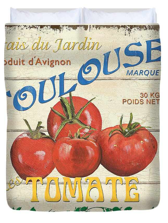 Tomatoes Duvet Cover featuring the painting French Veggie Sign 3 by Debbie DeWitt
