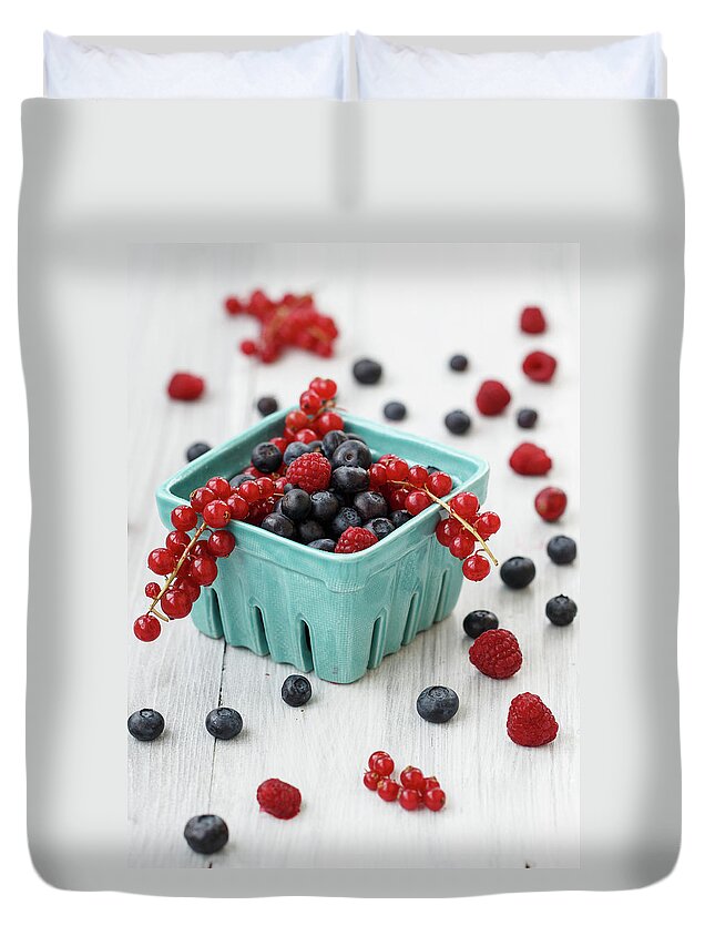 Black Color Duvet Cover featuring the photograph Fresh Berries In Farmer Bowl by Julia Khusainova