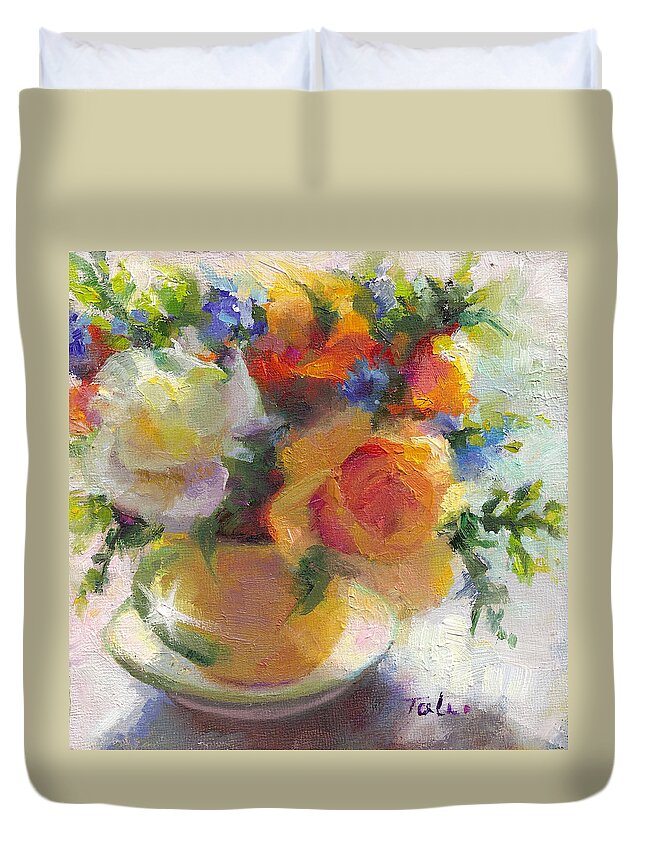 Roses Duvet Cover featuring the painting Fresh - Roses in teacup by Talya Johnson