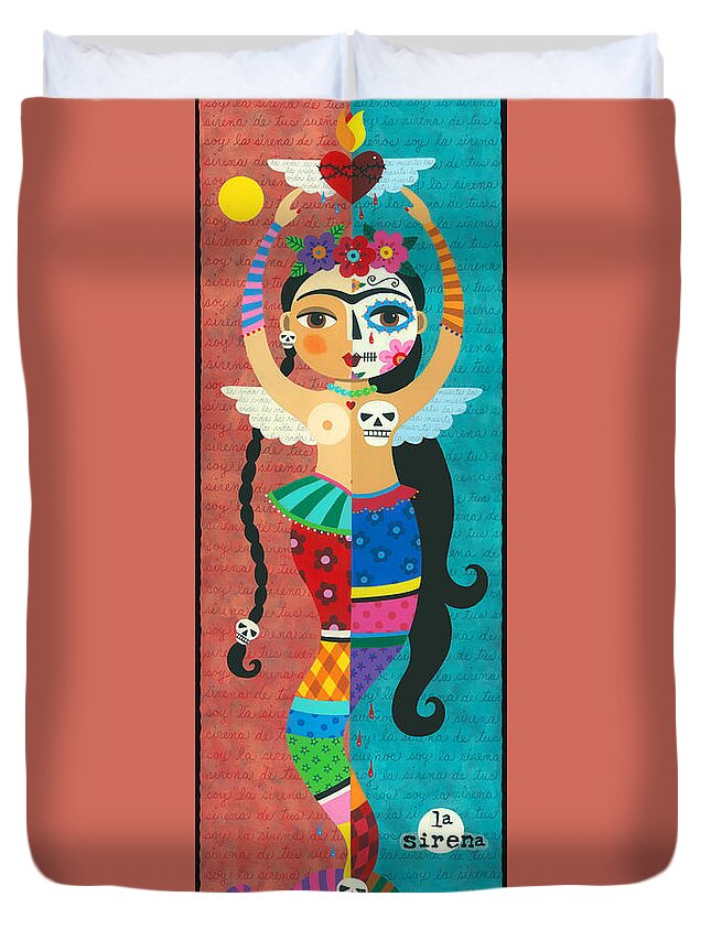 Frida Duvet Cover featuring the painting Frida Kahlo Mermaid Angel with Flaming Heart by Andree Chevrier
