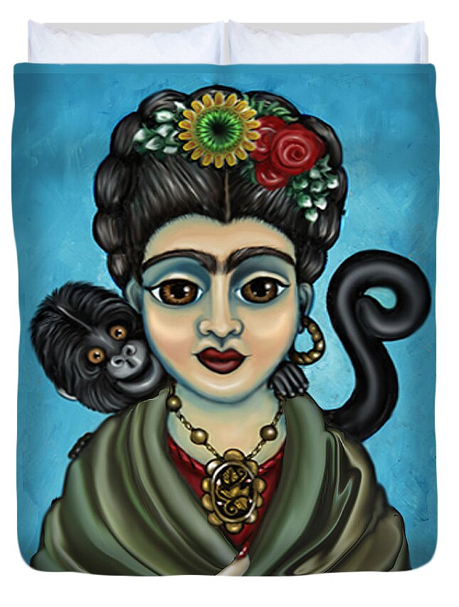 Frida Duvet Cover featuring the painting Frida's Monkey by Victoria De Almeida