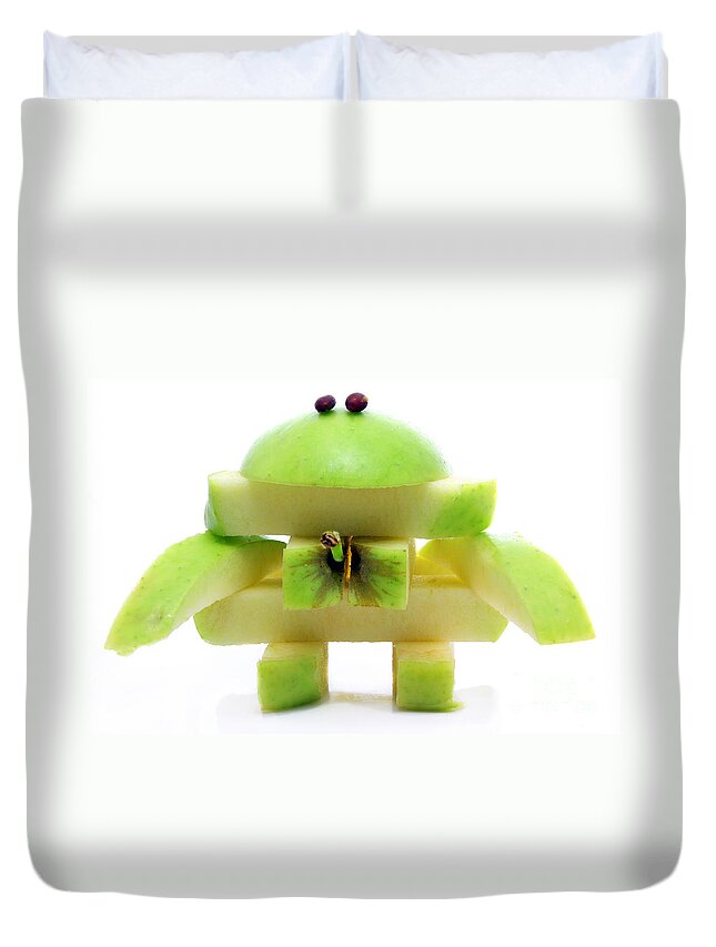 Apple Duvet Cover featuring the photograph Friendly apple monster made from one apple by Simon Bratt
