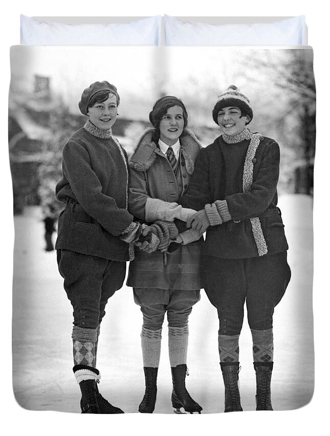 1926 Duvet Cover featuring the photograph Friends Skating At Lake Placid by Underwood Archives