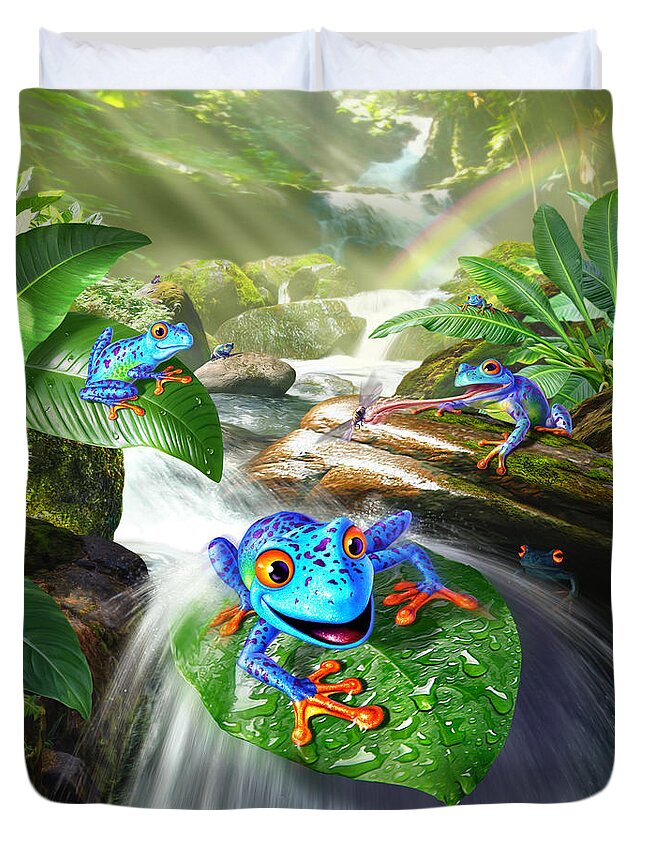Frogs Duvet Cover featuring the digital art Frog Capades by Jerry LoFaro