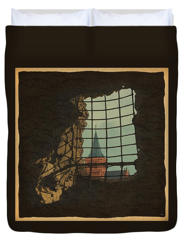 Castle Bars Cathedral Shadow Light Rock Duvet Cover featuring the drawing From a Castle by Meg Shearer