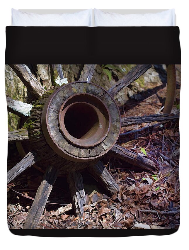 Wagon Wheel Duvet Cover featuring the photograph Frontier Memories by Kathy Clark