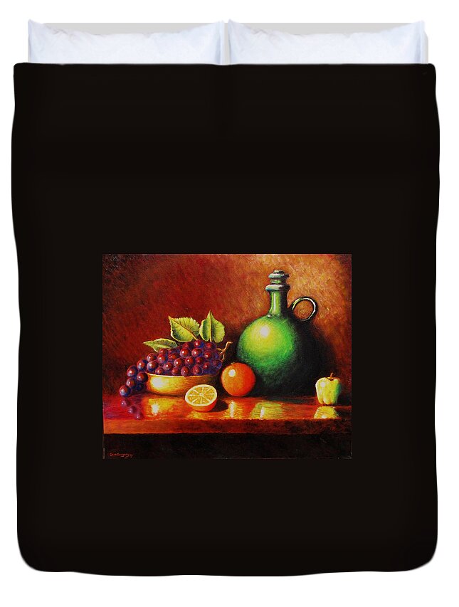 Still Life... Jug Duvet Cover featuring the painting Fruit and jug by Gene Gregory