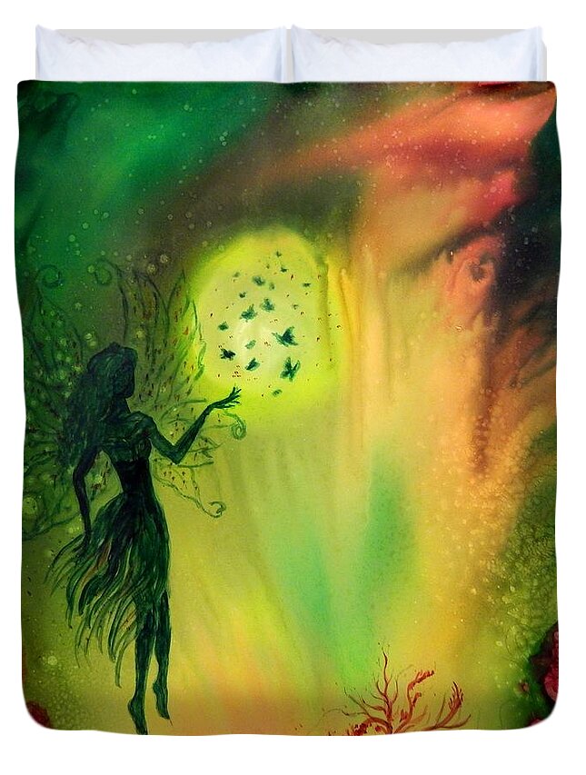 Full Moon Duvet Cover featuring the painting Full moon Fairy and Butterflies by Lilia S