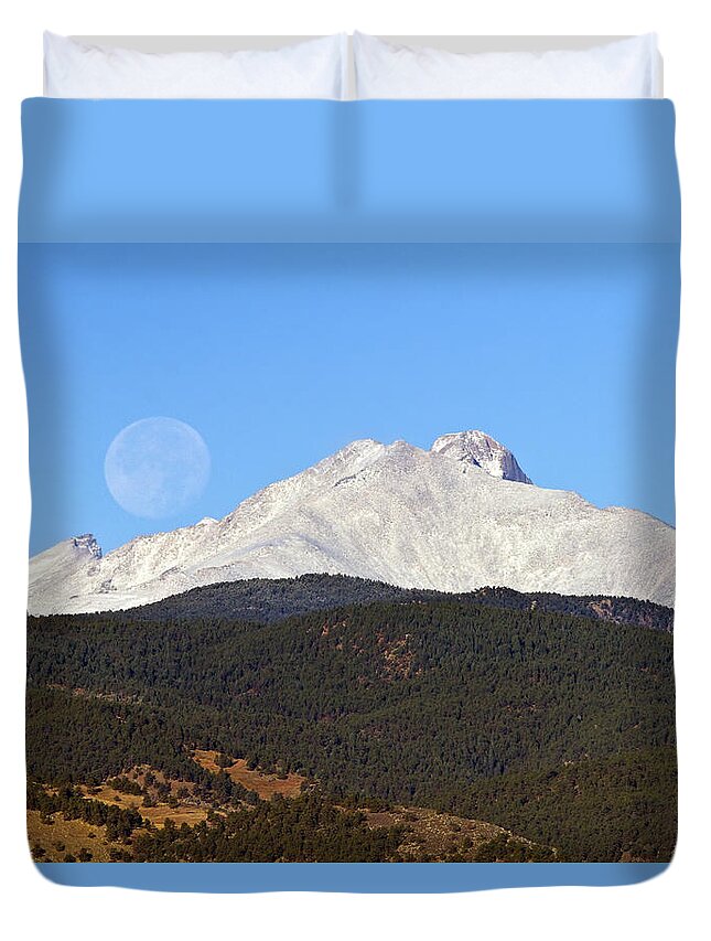 Colorado Duvet Cover featuring the photograph Full Moon Setting Over Snow Covered Twin Peaks by James BO Insogna