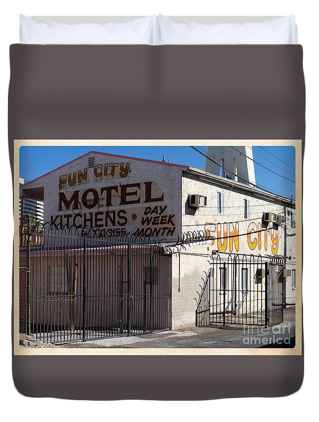 Las Vegas Nevada Trip Destination Travel Hotel Strip Duvet Cover featuring the photograph Fun City Las Vegas Motel by Edward Fielding