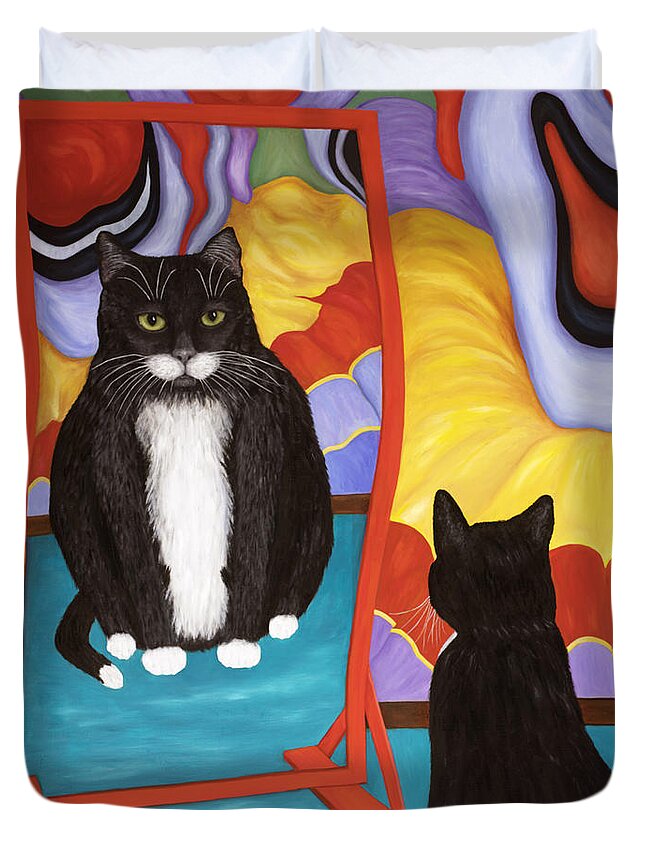 Cat Art Duvet Cover featuring the painting Fun House Fat Cat by Karen Zuk Rosenblatt