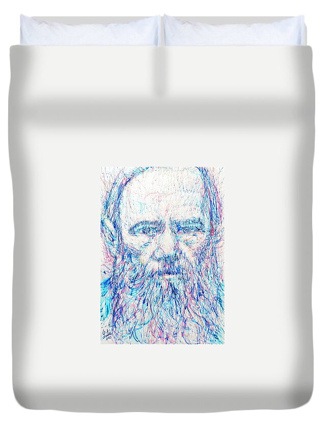Fyodor Duvet Cover featuring the painting Fyodor Dostoyevsky / colored pens portrait by Fabrizio Cassetta