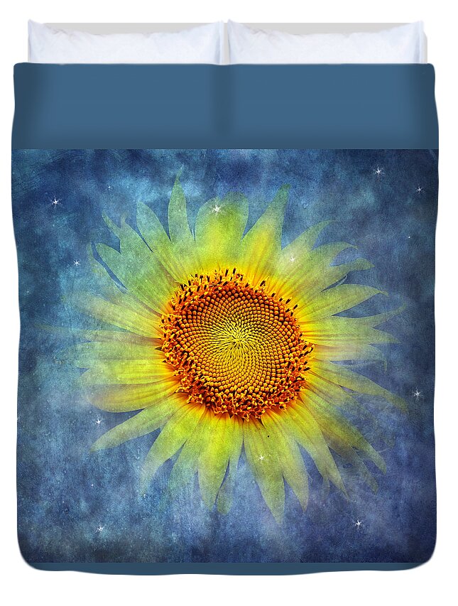 Yellow Sunflower Duvet Cover featuring the photograph Galactic Bloom by Marina Kojukhova