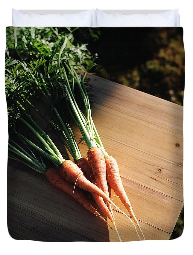 Five Objects Duvet Cover featuring the photograph Garden Carrots On Sunny Stool by Danielle D. Hughson
