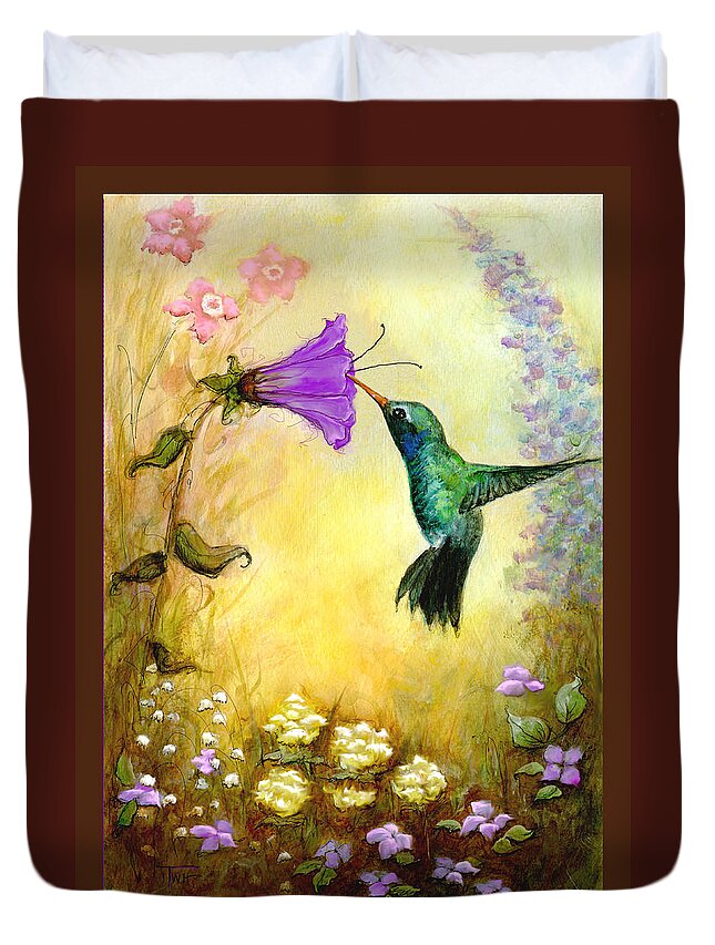 Hummingbird Duvet Cover featuring the mixed media Garden Guest in Brown by Terry Webb Harshman