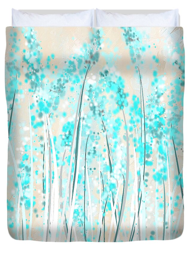 Blue Duvet Cover featuring the painting Garden Of Blues- Teal And Cream Art by Lourry Legarde