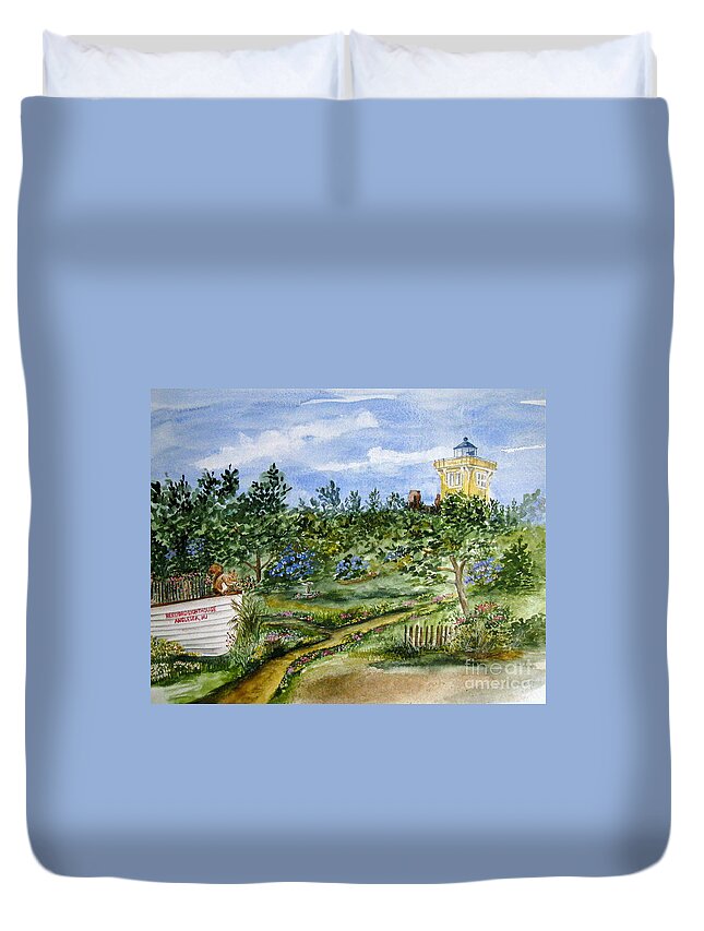 Hereford Inlet Lighthouse Duvet Cover featuring the painting Garden Path To Hereford Inlet Light by Nancy Patterson
