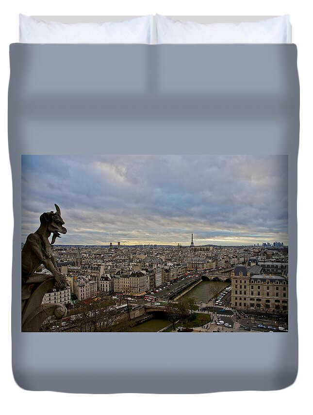 Eiffel Tower Duvet Cover featuring the photograph Gargoyle and the Eiffel Tower by Brian Kamprath