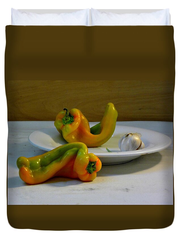 Setting Duvet Cover featuring the photograph Garlic and Peppers by Deborah Crew-Johnson