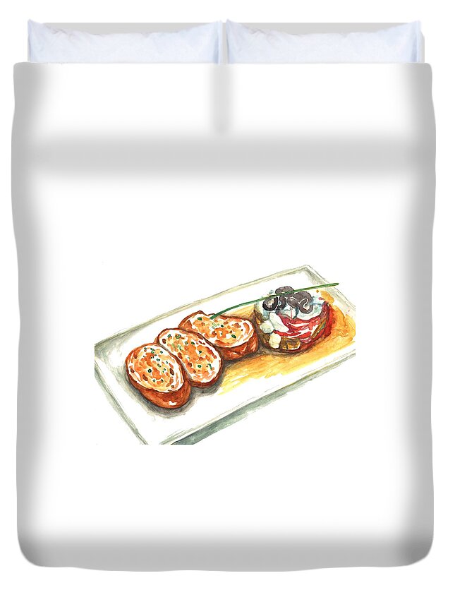 Watercolor Painting Duvet Cover featuring the digital art Garlic Toast With Olive Salad by Kana hata