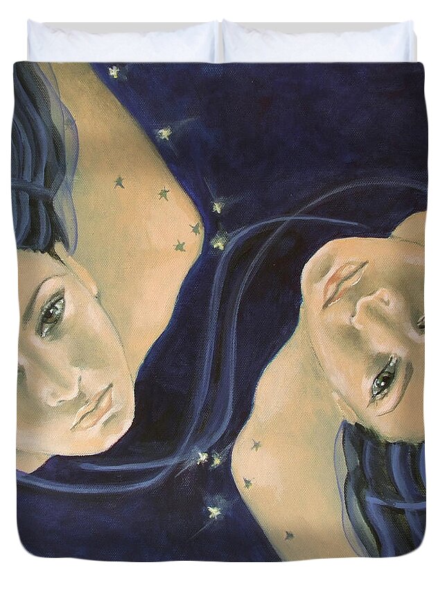 Constellation Duvet Cover featuring the painting Gemini from Zodiac series by Dorina Costras
