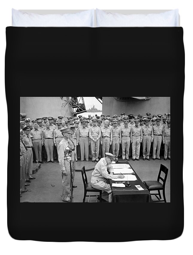 Wwii Duvet Cover featuring the photograph General MacArthur Signing The Japanese Surrender by War Is Hell Store