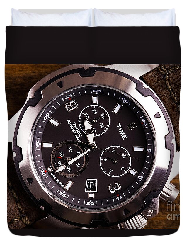 Watch Duvet Cover featuring the photograph Gents analogue watch close up by Simon Bratt