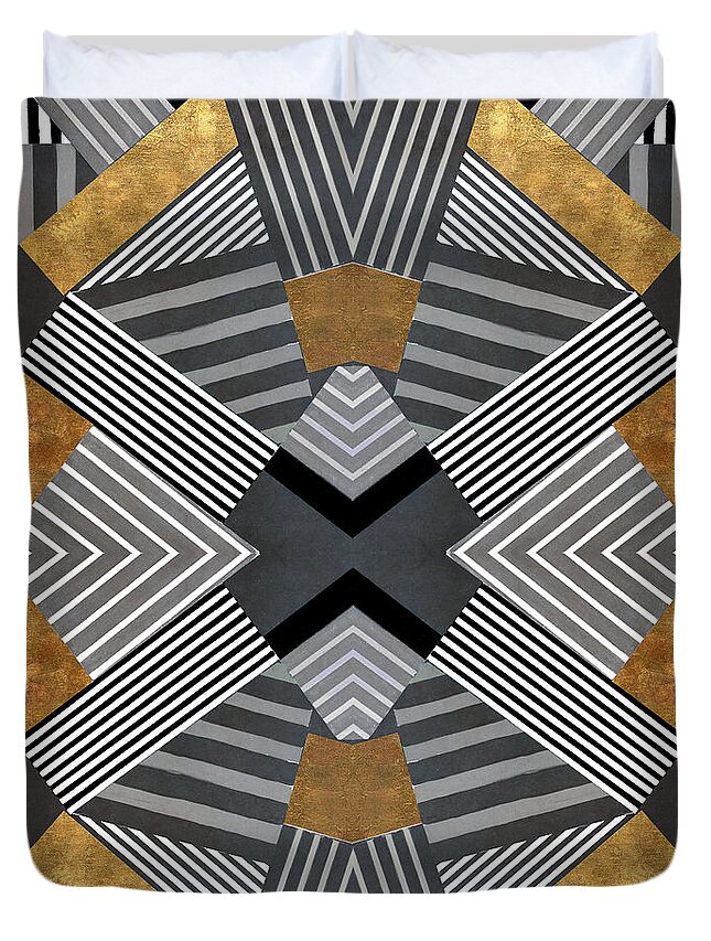 Geo Duvet Cover featuring the painting Geo Stripes In Gold and Black I by Lanie Loreth