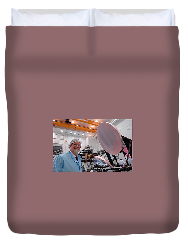 Science Duvet Cover featuring the photograph George F. Smoot With Planck Obs. Mirrors by Science Source