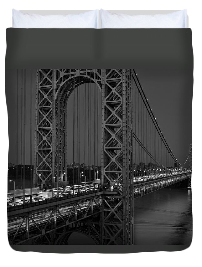 George Washington Bridge Duvet Cover featuring the photograph George Washington Bridge Moon Rise BW by Susan Candelario