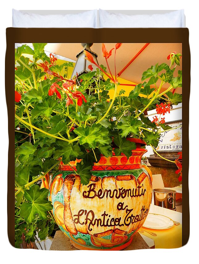 Geranium Duvet Cover featuring the photograph Geranium Planter by Pema Hou