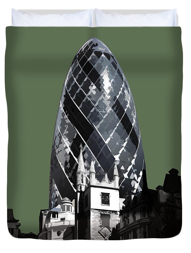 Gherkin Duvet Cover featuring the mixed media Gherkin - Olive GREEN #2 by BFA Prints