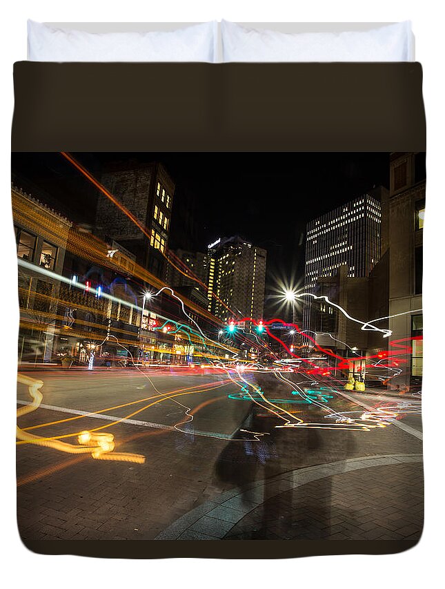 Pittsburgh Pa. Pennsylvania City Skyline Traffic Night View Taaffe Urban Urbanx Duvet Cover featuring the photograph Ghost of a Chance by Jimmy Taaffe