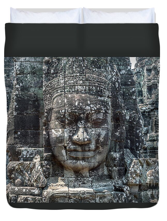 Buddha Duvet Cover featuring the photograph Giant Buddha face inside Bayon temple - Angkor Wat - Cambodia by Matteo Colombo