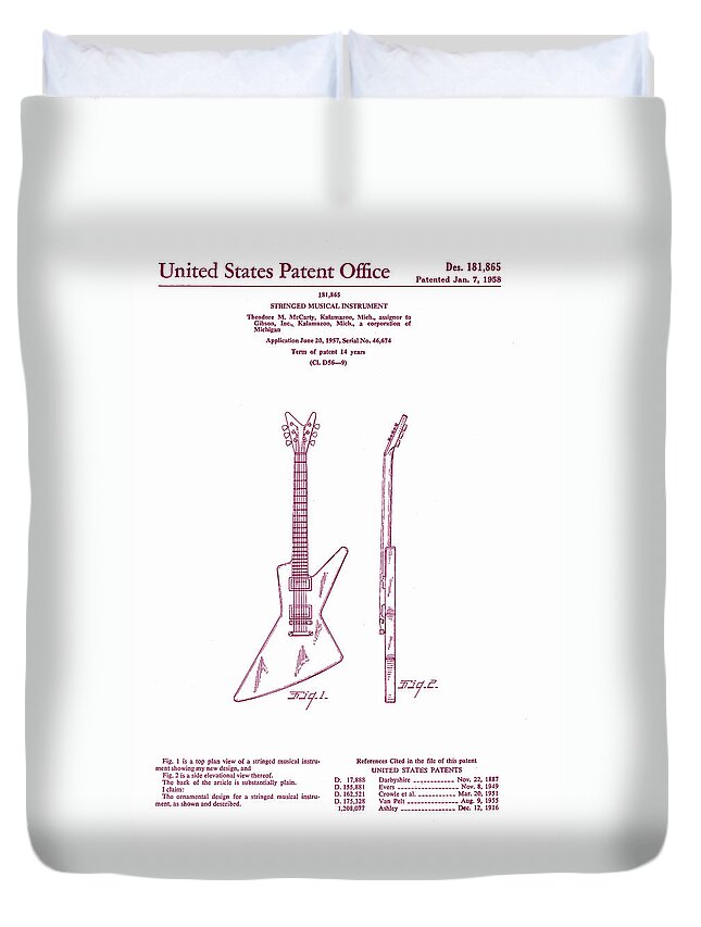 Music Duvet Cover featuring the digital art Gibson Explorer Guitar Patent by Georgia Clare