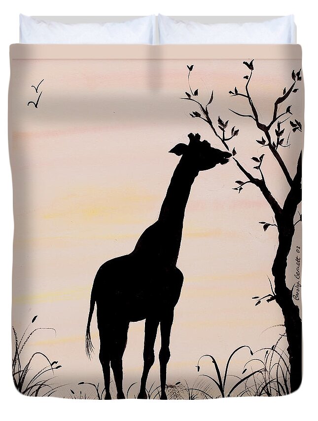 Giraffe Duvet Cover featuring the painting Giraffe silhouette painting by Carolyn Bennett by Simon Bratt