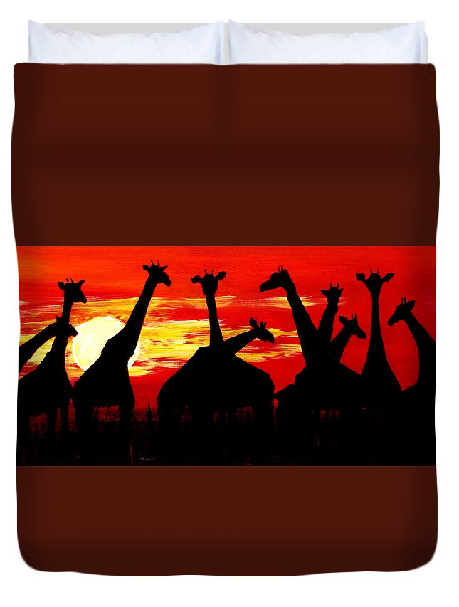 Giraffe Duvet Cover featuring the painting Giraffes Sunset Africa Serengeti by Katy Hawk
